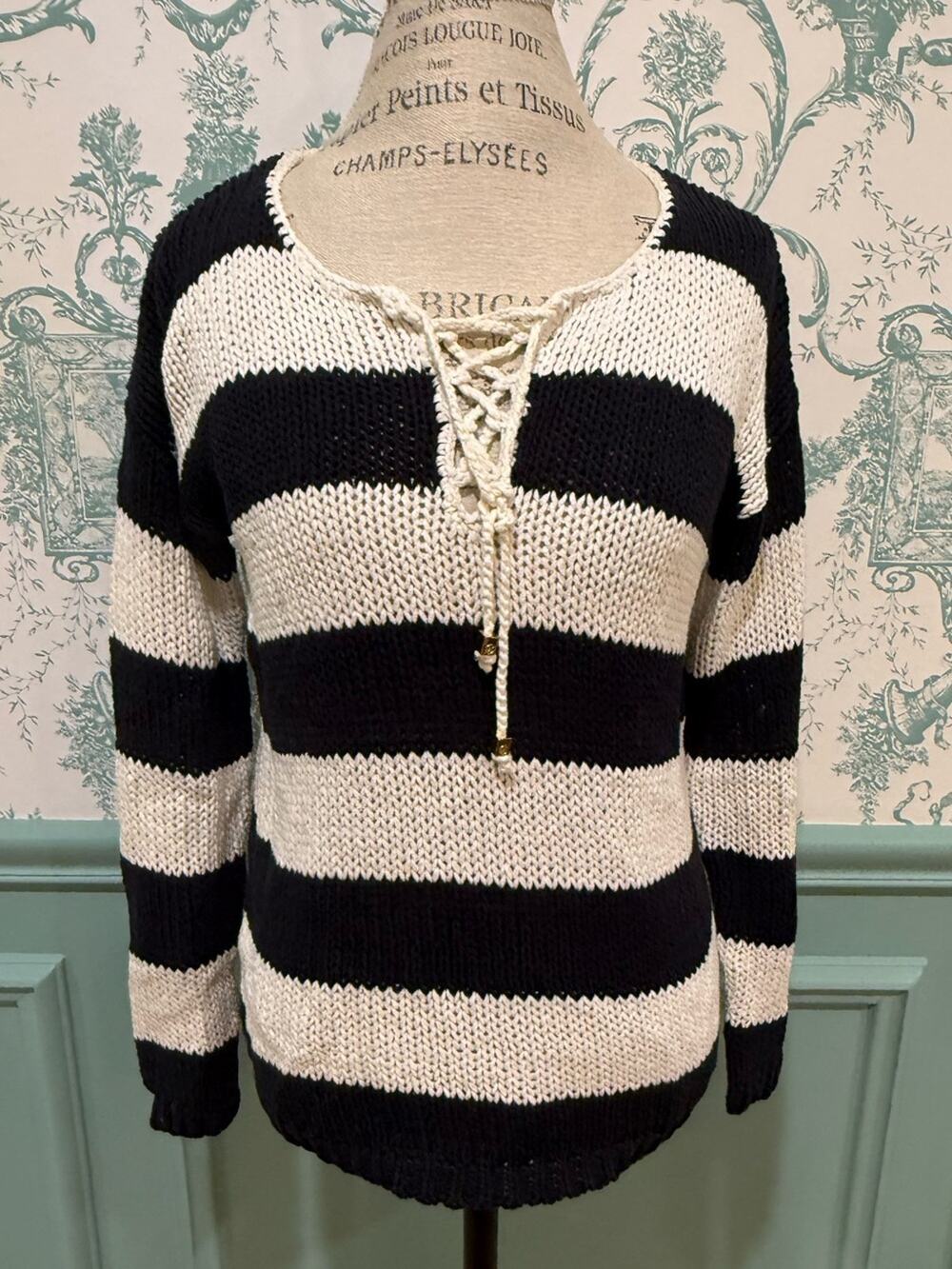 Michael Kors Navy/White-Striped Lace Up Chunky Knit Coastal/Nautical Sweater XS